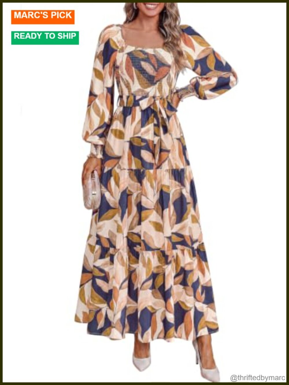Women Boho Floral Maxi Dress Long Sleeve Sweetheart Neck Smocked Ruffle Cuff